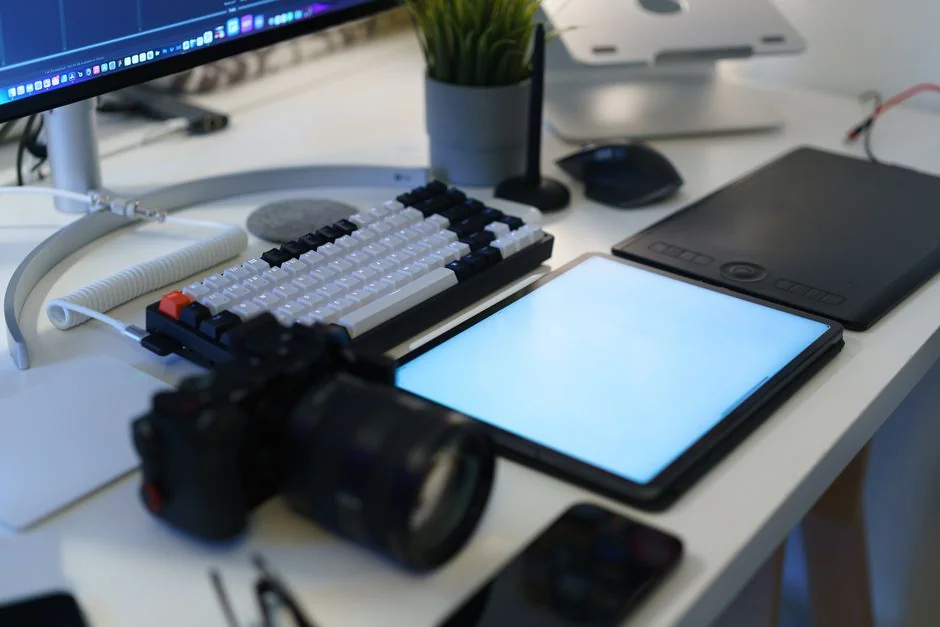 A website wireframe on a macbook screen on an office desk.